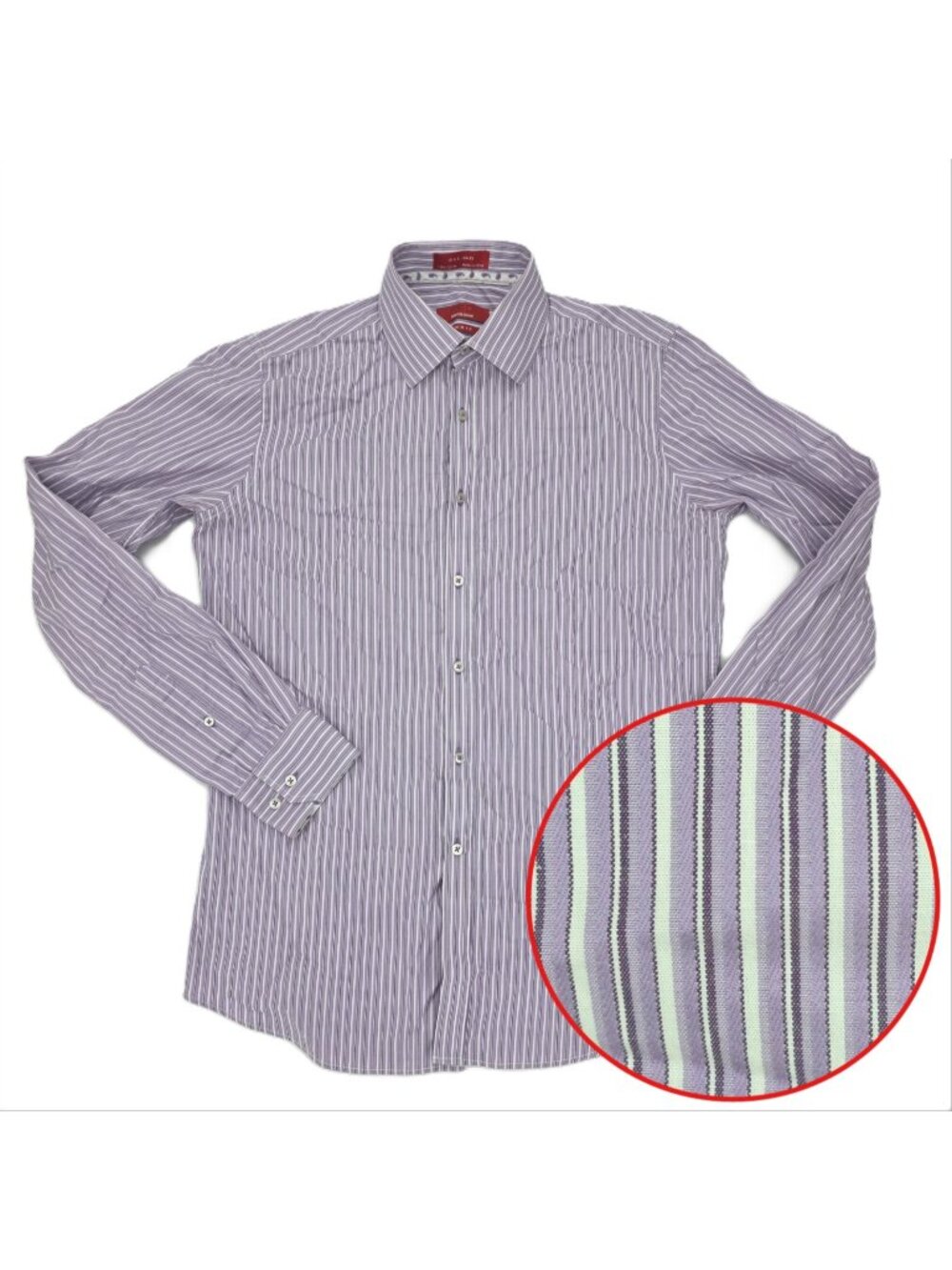 Red Saks Fifth Avenue Dress Shirt Mens 15.5 34/35 Purple Trim Fit Cotton Striped